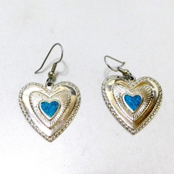 Triple Heart, Fish Hook Earrings, Silvertone, Faux Turquoise Center, Christmas - Picture 8 of 8
